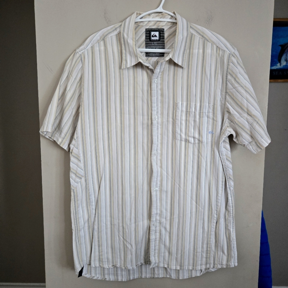 Quiksilver Men's Beige Striped Shirt Button Up Short Sleeve Top Large